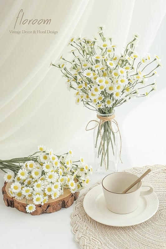 Floroom 24pcs Ivory Small Artificial Flowers Faux Silk Daisies Fake Wildflowers with Stems for DIY White Wedding Bouquets Floral Arrangements Party Decor Centerpieces Decorations (Vase Not Included)