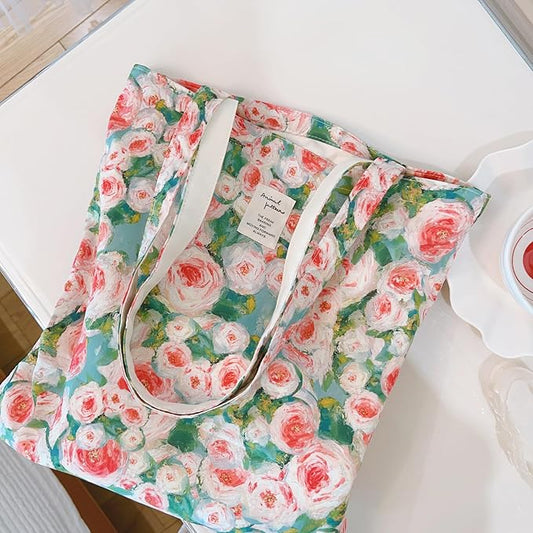 Cotton Canvas Tote Bag Reusable Soft Grocery Cloth Bag Floral Shoulder Bag for Beach Travel Shopping