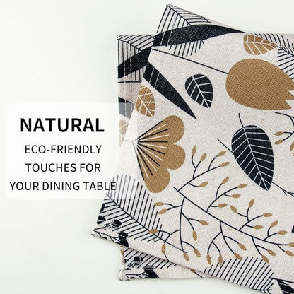 QIYI Boho Placemats Set of 4, 12x18 Inch Linen Fabric Place Mats for Kitchen Dinning, Farmhouse Rustic Graphic Leaves Cloth Table Mats, Brown Washable Placemat Party Table Décor, Botanical Line Art