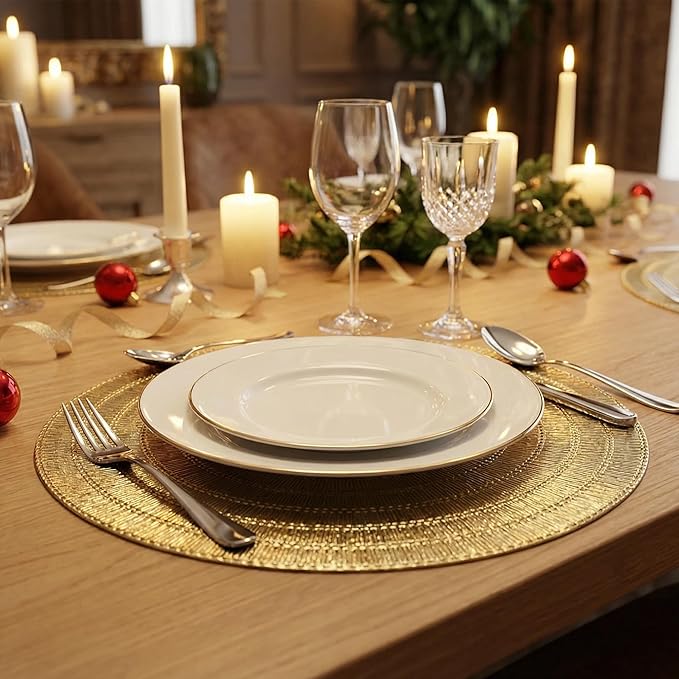 Gold Placemats Set of 6-15 Inch Round PVC Table Mats, Heat-Resistant & Waterproof Washable Place Mats for Dining Table, Elegant Metallic Decor for Holiday Dinner Party Decorations