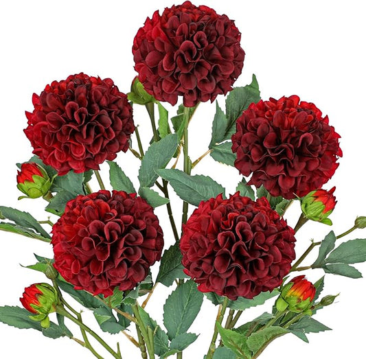 Hollyone 5PCS Dahlia Fall Flowers Artificial for Decoration 24.8" Red Fake Ball Dahlias Autumn Silk Flowers Arrangements Faux Roses Flower with Stems Bouquets Centerpieces Fall Decorations for Home
