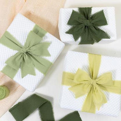 Keypan Spring Green Ribbon 1-1/2 Inch x 15 Yards Handmade Cotton Frayed Fringe Fabric Ribbons for Crafts Flower Bouquets Wedding Christmas Tree Home DIY Decor