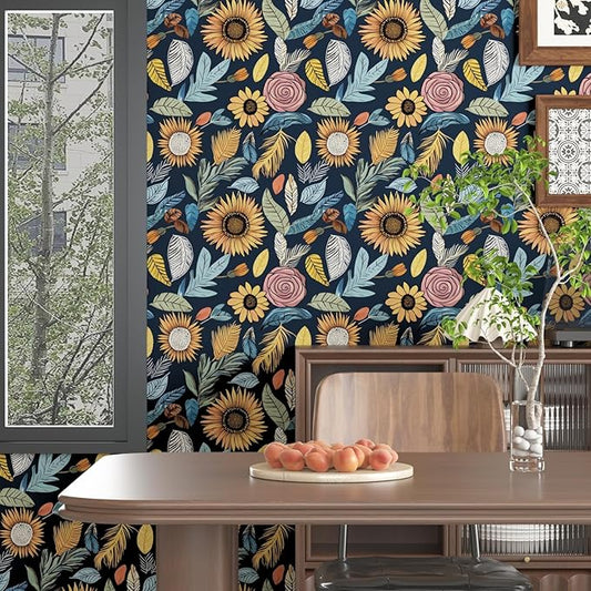 Blue Wallpaper Peel and Stick,Vintage Boho Floral Contact Paper, 17.5" x 393.7" Retro Paisley Flower Botanical Wall Paper Self Adhesive Removable Waterproof for Bathroom Shelves Cabinet Table Decor