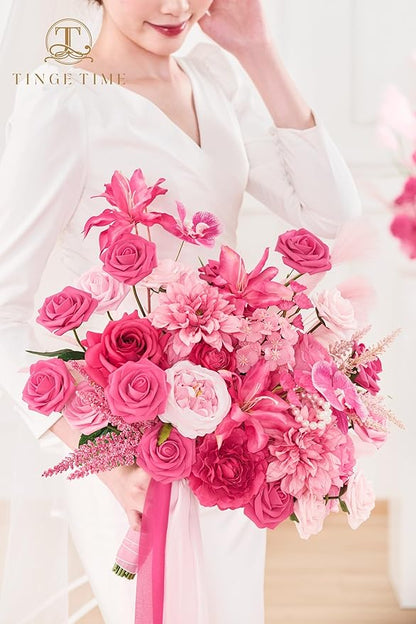 TINGE TIME 17 Inch Artificial Bridal Bouquet Realistic Silk Wedding Bouquet, Durable Fake Flowers for Brides, Bridesmaids, Home Decor, and Events (Hot Pink)
