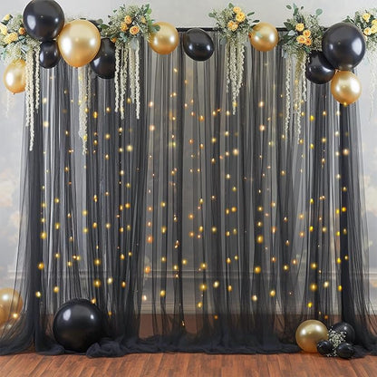 10×10ft Black Tulle Backdrop Curtain with Lights String for Parites, Sheer Photo Backdrop Curtains for Wedding Party Photography Background