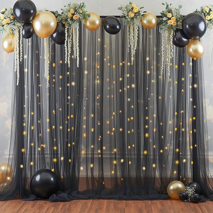 10x10ft Black Tulle Backdrop Curtain with Lights String for Parites, Sheer Backdrop Curtains for Wedding Baby Shower Birthday Party Photo Shoot Decorations