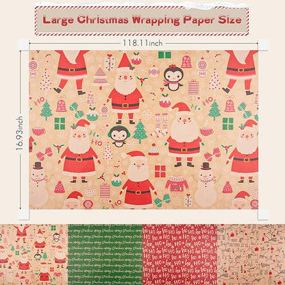 Happypapa Christmas Wrapping Paper, Kraft Xmas Wrapping Paper Rolls - Santa Claus, Gift, Reindeer and Merry Christmas Pattern - 4 Rolls - 17 Inch × 120 Inch Per Roll