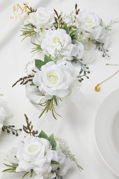 Meldel Wrist Corsage for Wedding, Set of 6, Elegant Artificial White Rose Pearl Wristband Wrist Corsage for Prom Homecoming Party, Perfect Accessories for Bride Bridesmaids, Mother of Bride and Groom