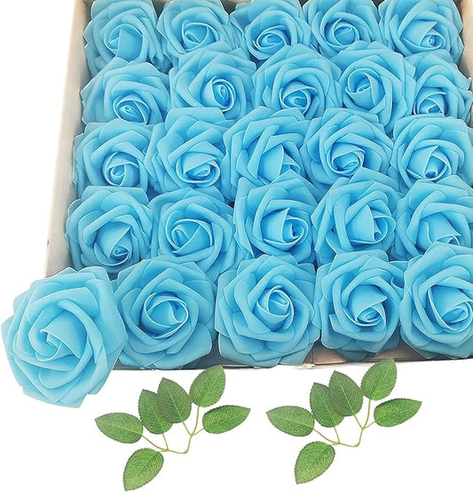 Artificial Rose Flowers 25pcs, Peacock Blue Foam Fake Rose Faux Flower for Wedding Bouquets Bridal Shower Centerpieces Floral Arrangements Home Decorations Party Backdrops Table