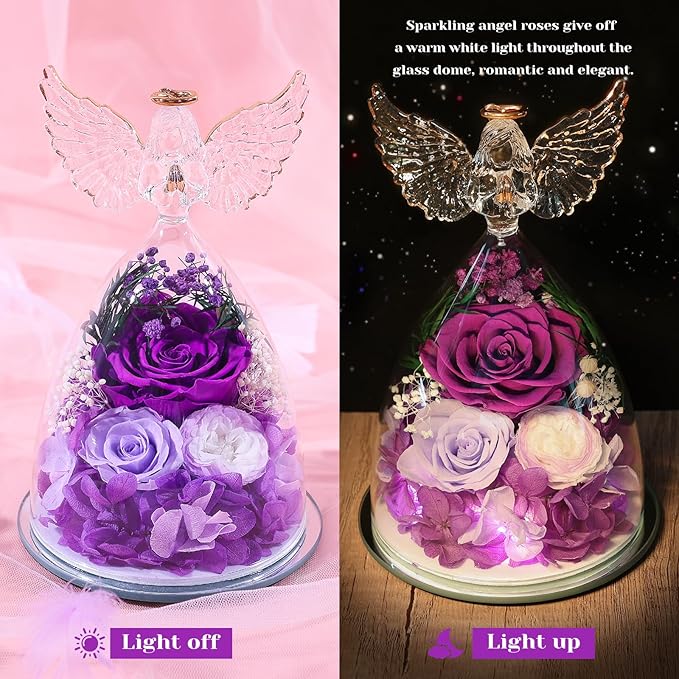 FIACO Gifts for Women Mom Christmas Preserved Rose Fresh Flowers for Delivery Birthday Gifts for Grandma Mother Wife Friends Forever Flower Eternal Purple Roses in Glass Angel Figurines