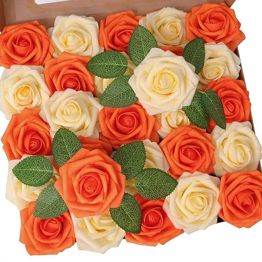 50pcs Artificial Flower，Real Touch Foam Roses w/Stem DIY for Wedding Bouquet Centerpieces Party Shower Home Decor-Yellow Orange