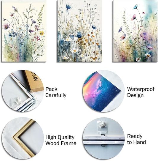 dgbtcart Colorful Flower Canvas Wall Art Set, Watercolor Daisy Floral Wall Decor, Wildflower Plant Wall Painting, Multicolour Botanical Art Print for Living Room Girls Bedroom Bathroom - 16"x24"x3pcs
