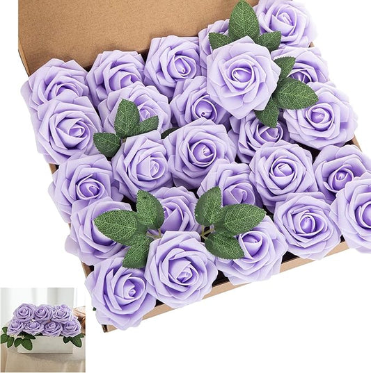 Artificial Flower Foam Rose 25pcs Real Looking Fake Rose with Stems Leaves for Home Decoration Party Garden Centerpieces DIY Wedding Bouquets（Violet）