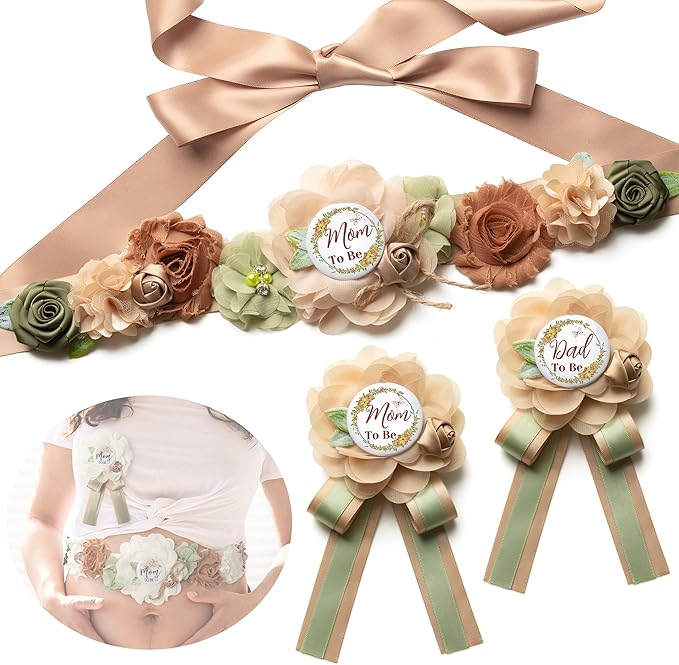 Baby Shower Maternity Sash Belly Belt-Pink Flower Sash Set Mom to Be & Dad to Be Corsage Pins for Gender Reveal