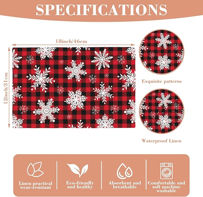 Christmas Snowflakes Placemats Set of 4 Buffalo Plaid Place Mats Washable Table Dinner Mats Linen Table Mats for Kitchen Dining Party Home Kitchen Decor 12x18 Inch