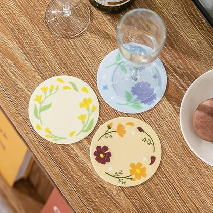 FLT Silicone Colorful Coaster Set of 3, Non-Slip Drink Mat, Cute and Unique Printed Design (Made in Korea) (Pastel - Flower)