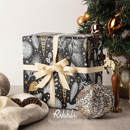 Ribbli Christmas Wrapping Paper Vintage Black with Gold Foil Gift Wrapping Paper Rolls -17 Inch x 33 Feet Per roll