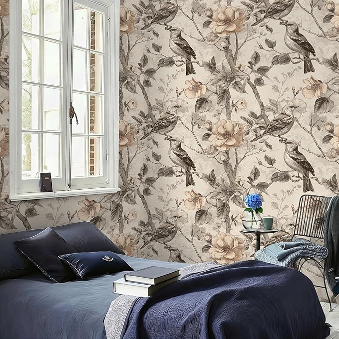 Vintage Animal Peel and Stick Contact Paper Beige Bird Removable Botanical Leaf Tree Wallpaper 17.7" x 236.22" Wall Paper Watercolor Self Adhesive for Classroom Bedroom Laundry Room Bathroom