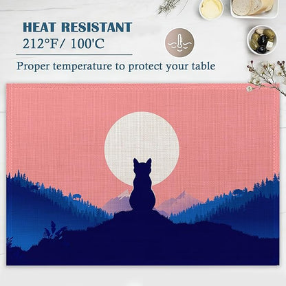 Placemats-Calm Cat On Hilltop Linen Table Place Mats Set of 4 Non-Slip Heat Resistant Table Mats for Dining Kitchen Cabin Decor 12x18 Inch