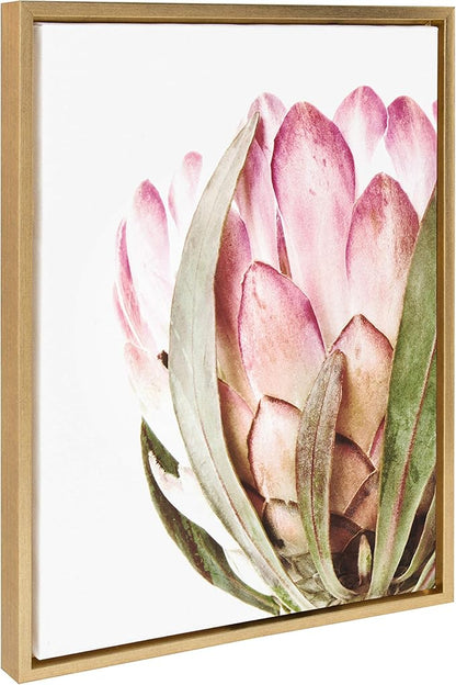 Kate and Laurel Sylvie Pink Protea Flower Framed Canvas Wall Art by Amy Peterson, 18x24 Gold