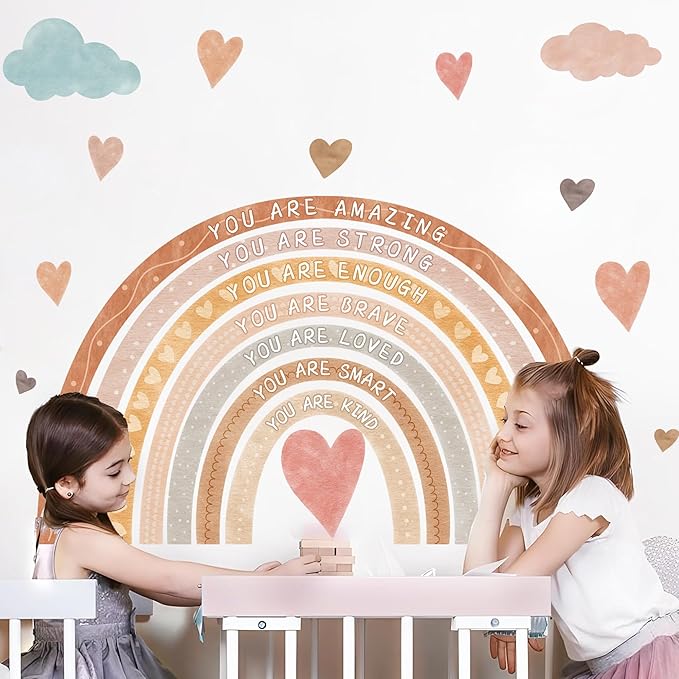 Large Rainbow Wall Decal Boho Kids Bedroom Wall Decals Peel and Stick Rainbow Wall Sticker Watercolor Inspirational Walls Decor Stickers Self-Affirmation Decal Vinyl Wallpaper for Nursery Playroom