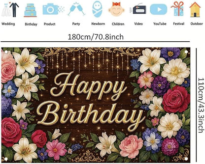 Rustic Wooden Gold Letter Happy Birthday Backdrop Banner for Women Girls Flowers Photography Background Decoration Wedding Baby Shower Decor Photo Booth Studio Props Supplies 6x4ft