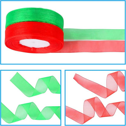 DECYOOL 8 Rolls 300 Yards Christmas Ribbons Metallic Glitter Fabric Organza Holiday Festival Ribbons 4/5" Wide for Gift Wrapping Decoration