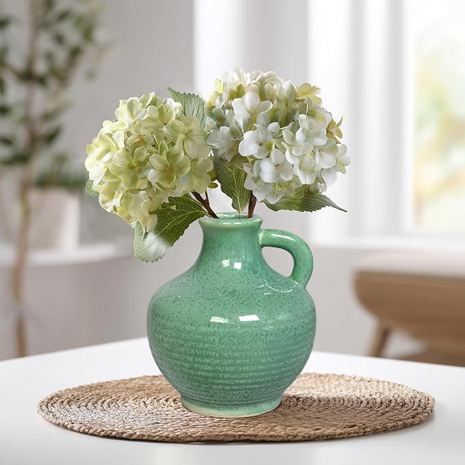 Sunddo Green Ceramic Vase for Centerpieces - 6 Inch Modern Decorative Vase with Handle, Small Pitcher Vases for Home Decor, Living Room Kitchen Bedroom Entryway Mantel Shelf Decor