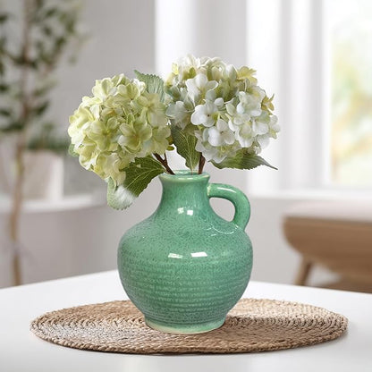 Sunddo Green Ceramic Vase for Centerpieces - 6 Inch Modern Decorative Vase with Handle, Small Pitcher Vases for Home Decor, Living Room Kitchen Bedroom Entryway Mantel Shelf Decor
