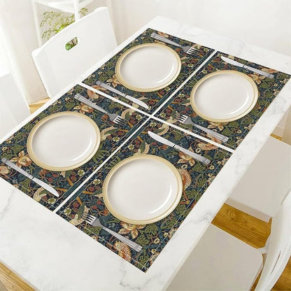 William Morris Floral Placemats Set of 6, Vintage Flower Strawberry Birds Green Place Mats, Heat Resistant Non Slip Cotton Linen Dining Table Mats for Home Kitchen Party 18x12 Inch