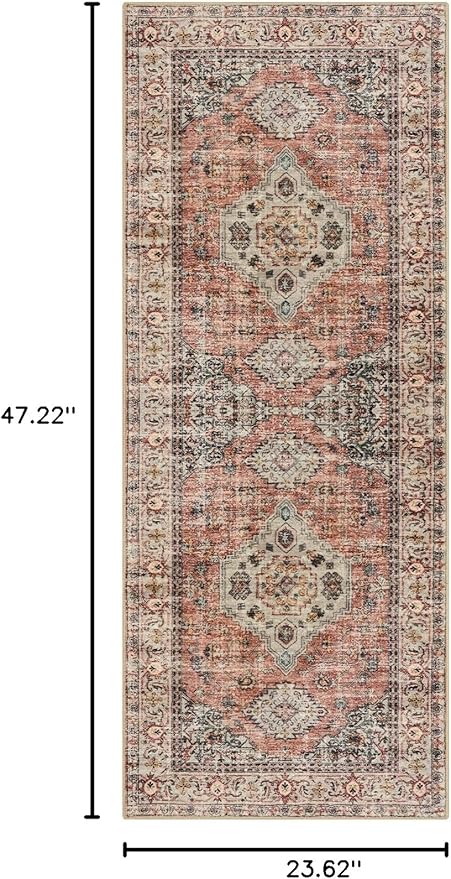 Lahome Oriental Small Area Rug, 2x4 Soft Washable Rugs for Entryway Kitchen, Non-Slip Ultra-Thin Fall Indoor Door Mat Distressed Vintage Small Carpet for Bathroom Bedroom, Peach/Orange
