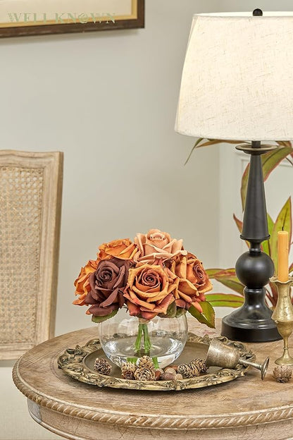 WELL KNOWN Silk Rose Artificial Flowers Arrangements with Vase, Artificial Rose Bouquet in Round Bowl Vase with Faux Water for Home Party Wedding Table Decor & Gift (Maillard Brown & Burnt Orange)
