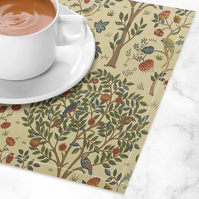 Vintage Trees Placemats Set of 6, William Morris Retro Boho Botanical Plant Birds Place Mats, Heat Resistant Non Slip Cotton Linen Dining Table Mats for Home Kitchen Party 18x12 Inch