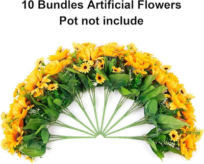 Sunflowers Artificial Flowers, 10 Bunches Fake Sunflower Artificial Flowers for Outdoors Spring Summer Decoration Look Real UV Resistant Fake Flowers for Home Porch Garden Wedding Party Office Indoor