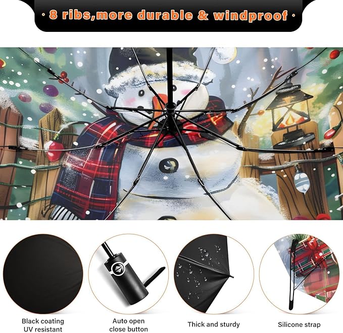 panksolu Folding Umbrella Christmas Cute Snowman Compact Travel Umbrella Automatic Portable Lightweight Windproof Umbrellas for Sun Rain UV Protection Large Portable Umbrellas