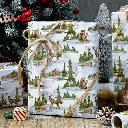 MAYPLUSS Christmas Wrapping Paper Roll - 17 In x 33 Feet - Cute Watercolor Christmas Tree Deer Bear Log Cabin Gift Wrap Paper for New Year, Holiday, Kids