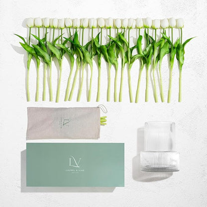 Tulip and Vase Ribbed Glass with 20 White Tulips Artificial Flowers Gift Set Fluted Clear Flower Short Vase and Fake Tulips Look Real Entryway Living Room Table Office Shelf Decor Faux High End Gift
