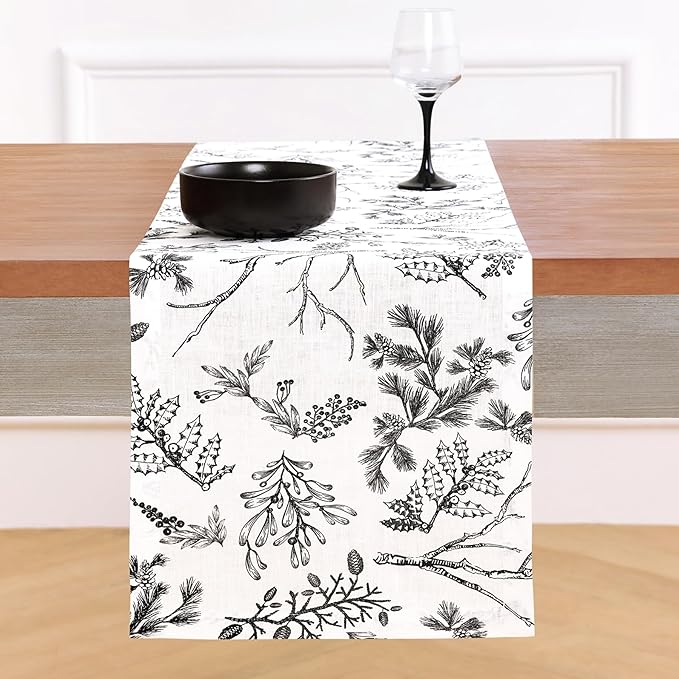 Solino Home 100% Pure Linen Christmas Table Runner 72 Inches Long - Black/White Table Runner 14 x 72 Inch - Handcrafted and Machine Washable - Winter Forest Print