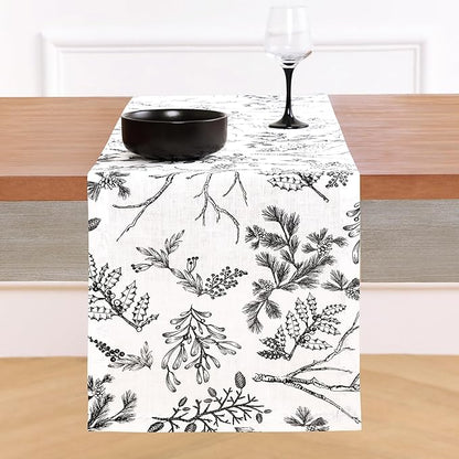 Solino Home 100% Pure Linen Christmas Table Runner 72 Inches Long - Black/White Table Runner 14 x 72 Inch - Handcrafted and Machine Washable - Winter Forest Print