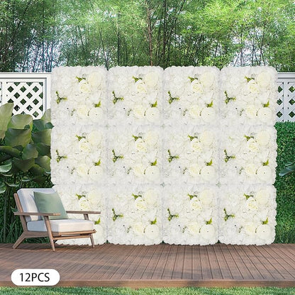 15"x 15" Artificial Flower Wall Panels, Silk Flower Panels for Outdoor Garden Backyard Fence Privacy Screen and Indoor Wall Decor (12 Pcs White, Style 2)
