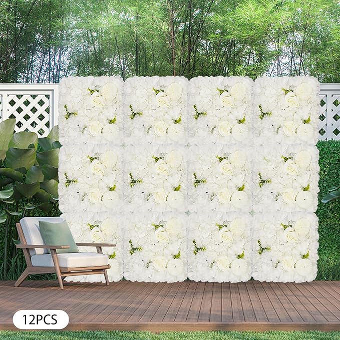 Flower Wall Panel Set,White Artificial Wall Flower Backdrop,12 Pcs 15" X 15" 3D Silk Hydrangea Rose Floral Panel,Faux Roses Artificial Flower Backdrop for Wall Decor