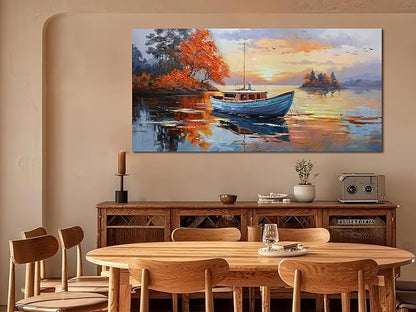 Brushart Ship Wall Art for Living Room, Large Canvas Wall Art Landscape Picture Painting Wall Decor Textured Artwork for Walls Bedroom Home Office 48"x24"