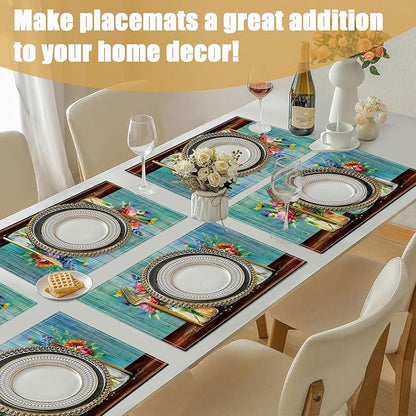 Rustic Flower Placemats Set of 6, Spring Flower Vase Linen Place Mat Washable Stain Resistant Table Mats for Farmhouse Kitchen Party Wedding 12x18 Inch