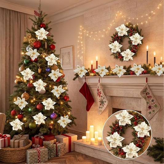 24 Pcs Christmas Poinsettia Flowers Artificial with Clips, 5.9" Christmas Decor Glitter Poinsettia Flowers for Christmas Tree New Year Wedding Party Wreath DIY Garland Decor (Gold)