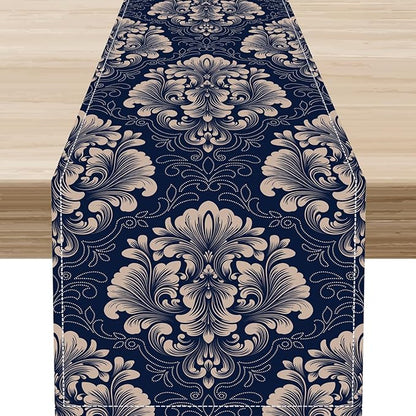 Vintage Damask Table Runner, Blue Classical Luxury Old Fashioned Damask Royal Victorian Flora Print Table Center Decor for Family Kitchen Table Decorations Indoor Outdoor 13x90 inch