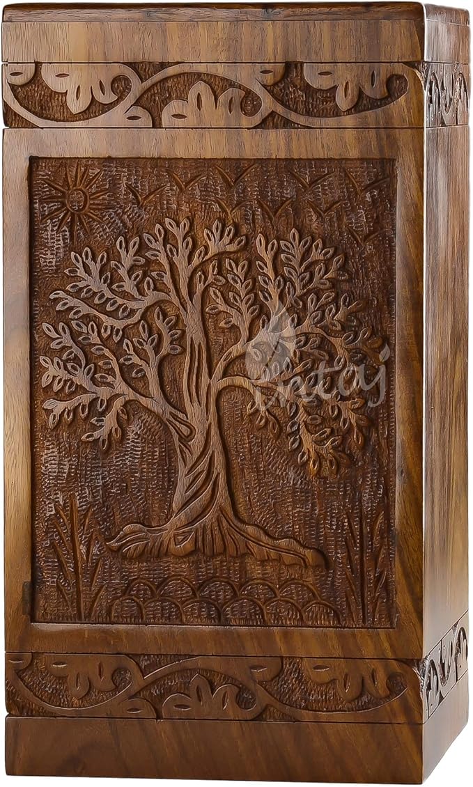 INTAJ Handcarved Wooden Cremation Urn for Human Ashes - Tree of Life Design, 115 lbs Capacity, Suitable for Adult Men and Women, Mom and Dad - Decorative Funeral Urn Box and Casket