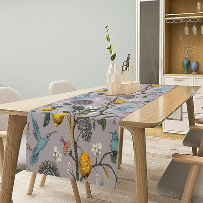 Table Runner with Flowers and Birds, Spring Plant Flowers Table Decoration Linen Table Runner Family Party Party Decorations 13x120 Inches