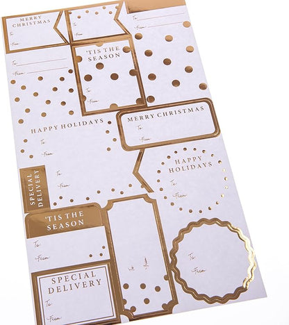 Graphique Shimmering White Gift Labels | 52 Self-Adhesive Christmas Stickers | 13 Designs with Gold Foil Accents | to and from Names | for Holiday Wrapping Paper & Gift Bags