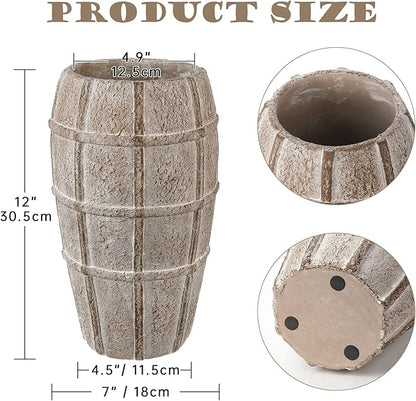 Briful Rustic Terracotta Flower Vase for Home Decor 12" Brown Farmhouse Textured Barrel-Style Ceramic Vase Vintage Handcrafted Gridded Design for Faux & Dried Flowers Living Room Table Centerpiece