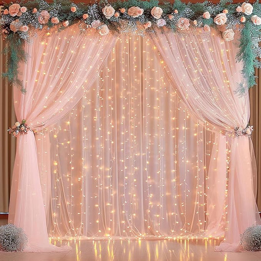 20x8ft Peach Tulle Backdrop Curtain with Lights String for Parites, Sheer Backdrop Curtains for Wedding Baby Shower Birthday Party Photo Shoot Decorations